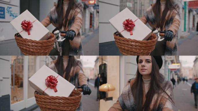骑自行车的年轻女子，篮子上有圣诞礼物