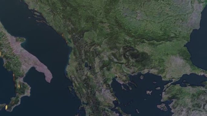 马其顿地图，通过4k照片真实的动画地球仪从空间放大，全景包括亚洲，非洲和欧洲。史诗旋转世界动画，现实