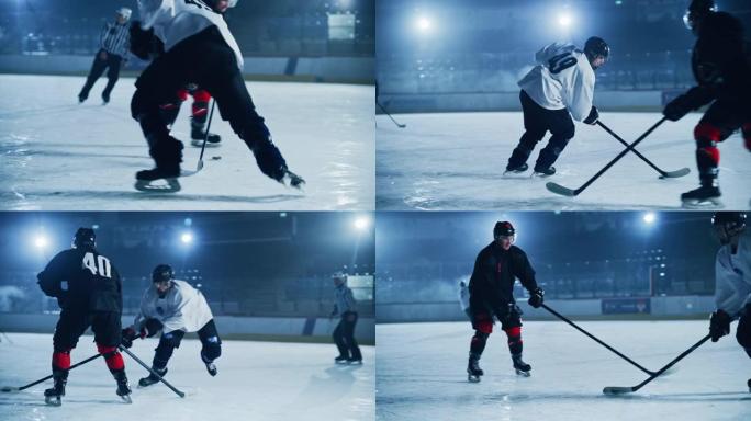 冰球场: 年轻球员训练，学习棍和冰球处理。运动员学习如何运球，攻击，防守，保护，拥有，驾驶冰球。电影