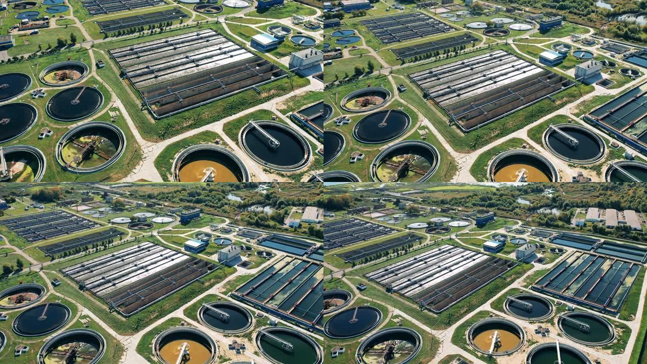 废水处理综合体的俯视图。废水处理厂的鸟瞰图。