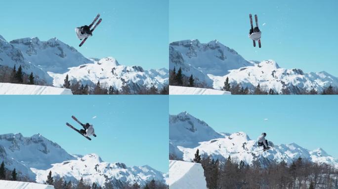 时间扭曲: 自由式滑雪者起飞并进行360抓取的动作镜头。