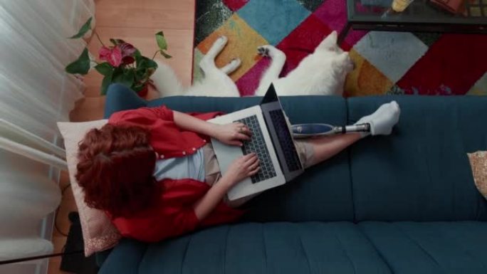 顶视图快乐的残疾女商人与未来仿生腿假肢在家里使用笔记本电脑与狗在线工作。
