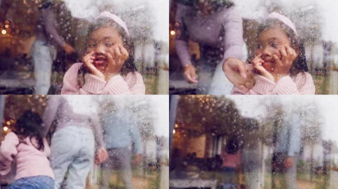 离婚的父母为孩子的监护权争论。悲伤的女孩看着下雨的窗户，因为她愤怒的母亲离开了她的父亲。
妻子吵架后