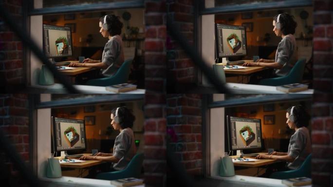 熟练的女设计师旋转3d模型，同时在晚上在家中的台式计算机上进行新的视频游戏。女孩对她的工作很满意。平