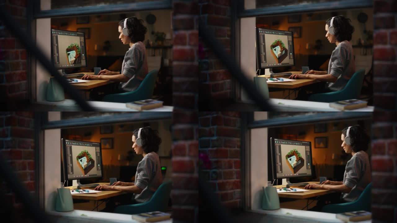 熟练的女设计师旋转3d模型，同时在晚上在家中的台式计算机上进行新的视频游戏。女孩对她的工作很满意。平