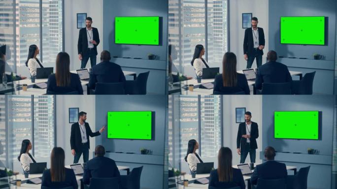 办公室会议室会议演示: 英俊的商人谈话，使用绿屏色键墙电视。成功向多民族投资者群体展示电子商务产品