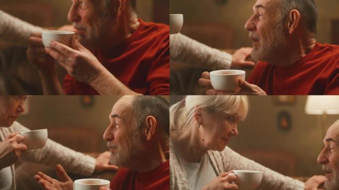 老年夫妇喝茶聊天喝水饮水茶杯