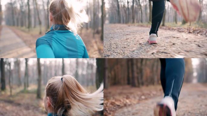 SLO MO女慢跑者在穿越秋天森林的路上在跑鞋上系鞋带
