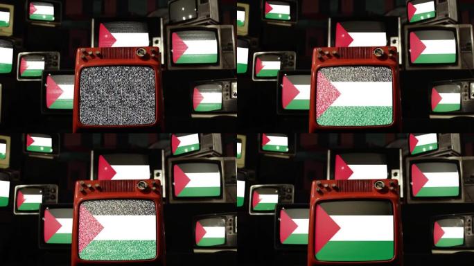 巴勒斯坦国旗和旧复古电视。