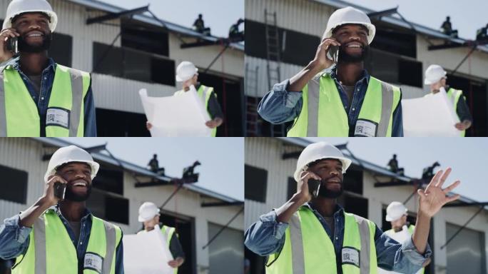4k视频片段，一名男子在建筑工地工作时用手机聊天