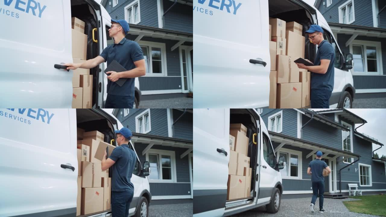邮递员使用平板电脑，从一辆白色送货车上取出一个纸板包裹。把盒子带给房主。在送货服务部门工作的年轻人。