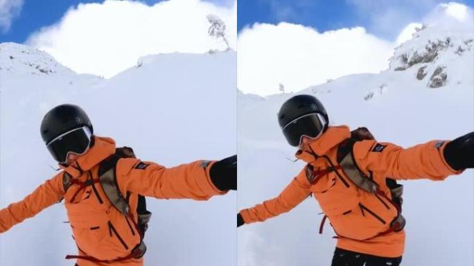 女性自由滑雪滑雪者在山上做粉末关闭滑雪道