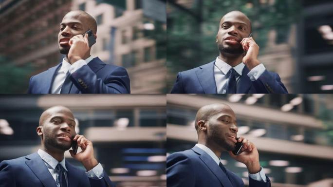 360度街拍: 自信的黑人商人在城市智能手机上聊天的肖像。成功的非洲裔美国企业家使用手机打电话。跟踪