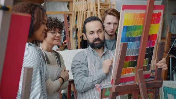 一群年轻人艺术学生观看经验丰富的艺术家绘画谈话学习