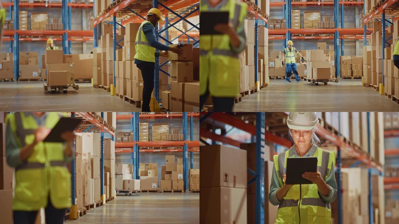 戴着安全帽的专业女工在摆满货架的零售仓库里用数字平板电脑检查库存和库存。在物流配送中心工作的人