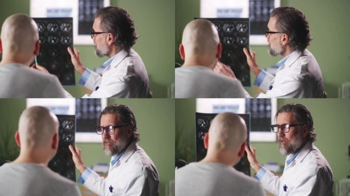 肿瘤科医生向秃头患者显示CT图像