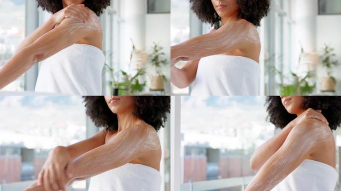 黑人妇女，沐浴乳和护肤品在浴室里，以保持皮肤光泽，健康和健康。手臂上的防晒霜或美容乳液产品，可在家中