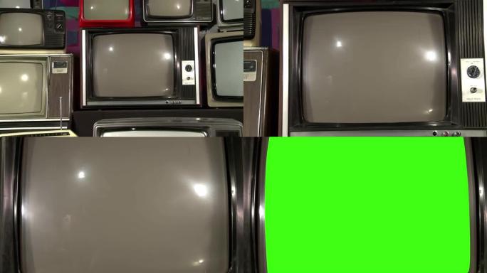 堆叠复古电视机打开绿色屏幕。多莉进来了。4k分辨率。