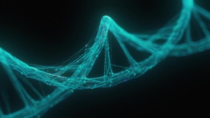 黑色背景上的创意多边形人类DNA螺旋。生物学和基因概念，3D渲染。