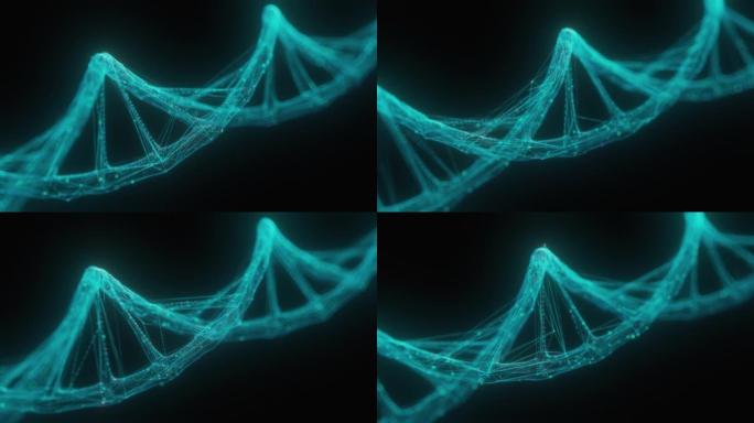 黑色背景上的创意多边形人类DNA螺旋。生物学和基因概念，3D渲染。