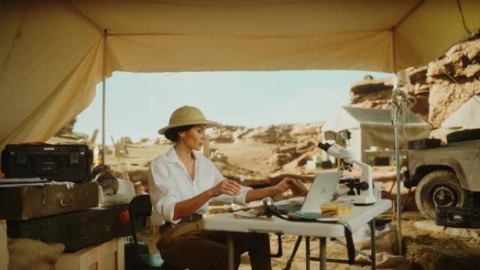 考古挖掘地点: 著名的女性考古学家进行研究，使用笔记本电脑，分析化石遗骸，古代文明文化文物。历史学家