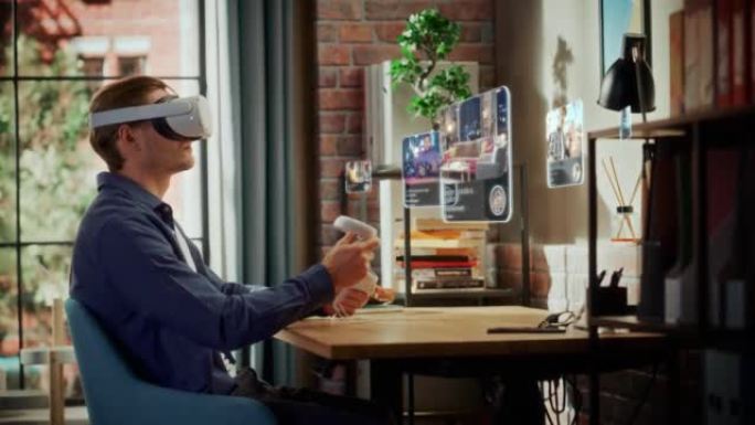 年轻人坐在家里的阁楼客厅，使用带控制器的虚拟现实耳机使用电影娱乐流媒体应用程序。男性选择观看情景喜剧