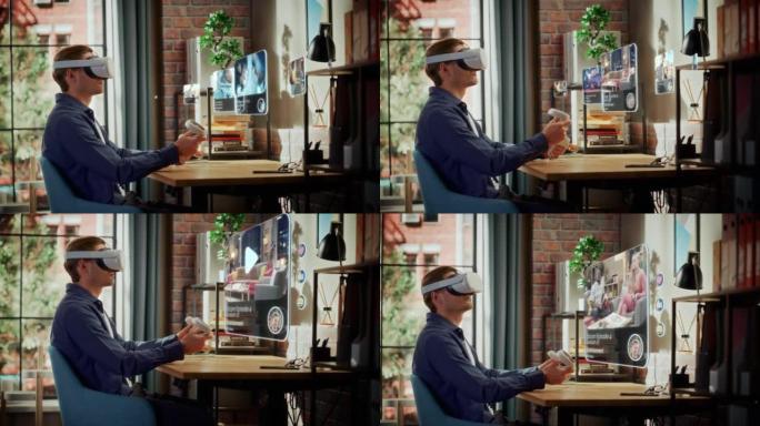 年轻人坐在家里的阁楼客厅，使用带控制器的虚拟现实耳机使用电影娱乐流媒体应用程序。男性选择观看情景喜剧