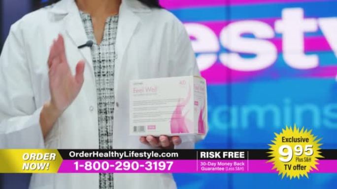 电视节目产品信息广告: 专业人士拿着带有保健医疗补充剂的包装盒。展示美容膳食维生素产品。播放电视商业