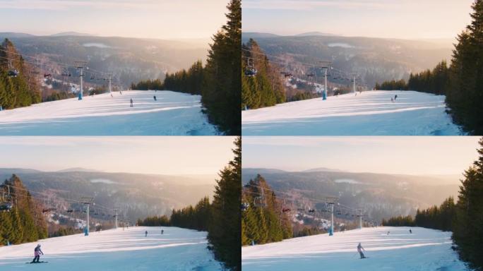 SLO MO游客在滑雪场上玩得开心