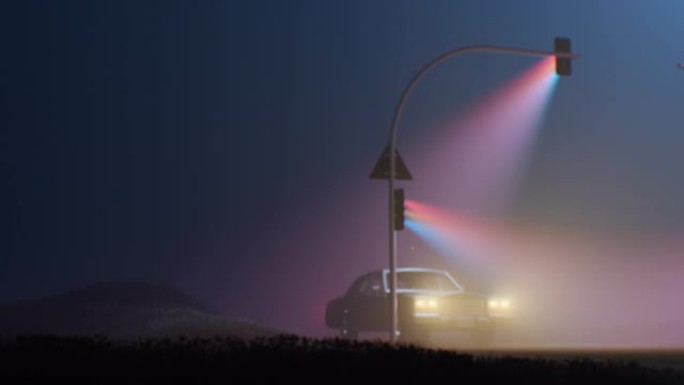 在图像中，可以看到一辆汽车在薄雾笼罩的高速公路上行驶，三个交通信号灯在雾中产生了五颜六色的光芒。汽车