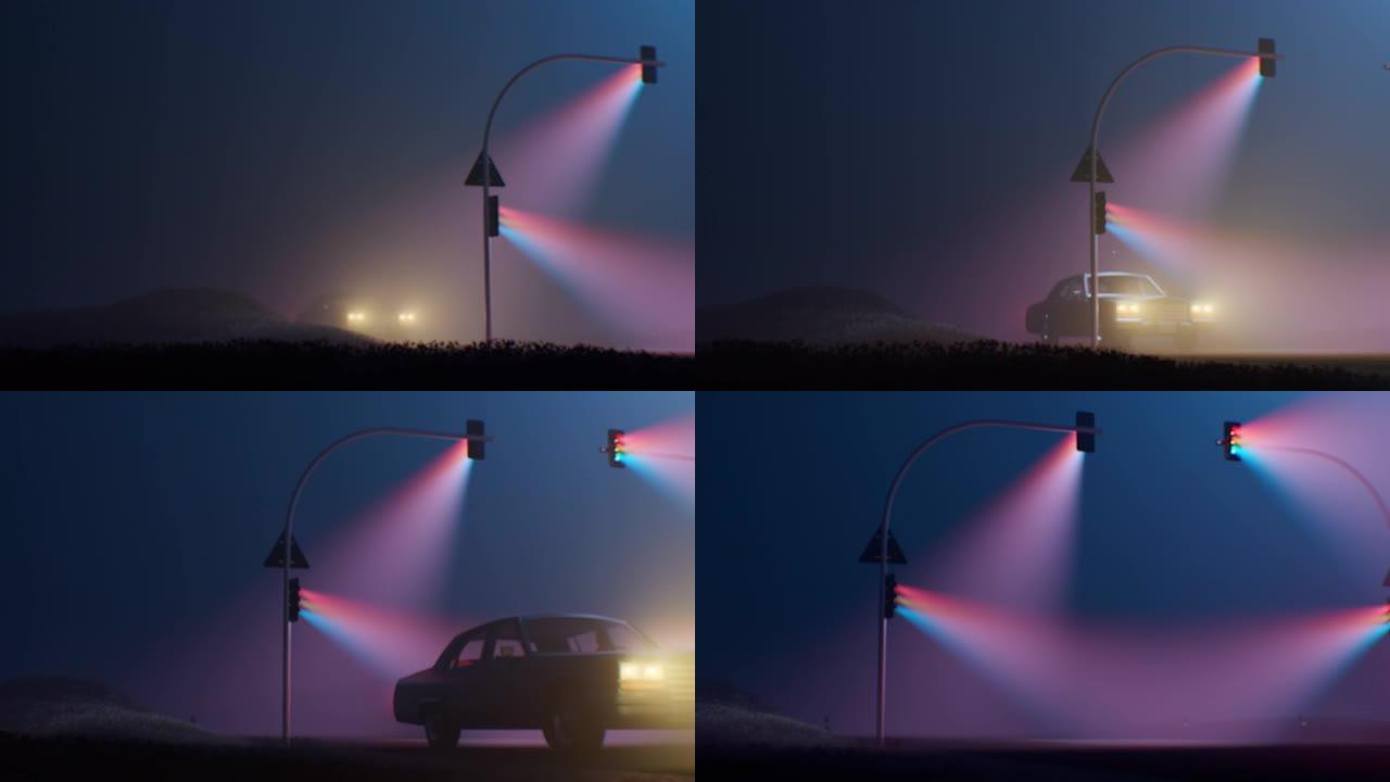 在图像中，可以看到一辆汽车在薄雾笼罩的高速公路上行驶，三个交通信号灯在雾中产生了五颜六色的光芒。汽车
