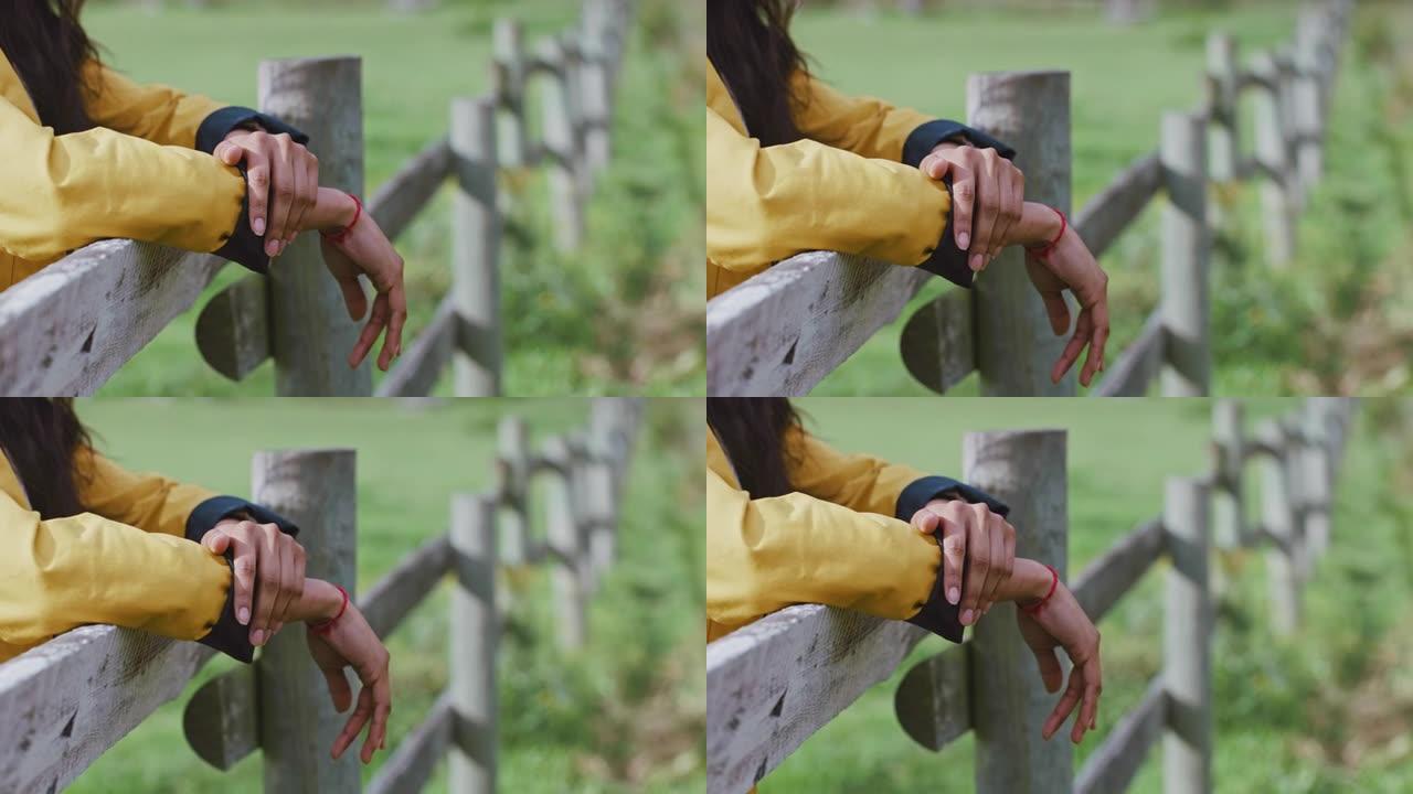 双手，农场和放松，一个女人靠在户外的木栅栏上，独自一人带着模型。春天，农业和农村，一名女性站在绿色花
