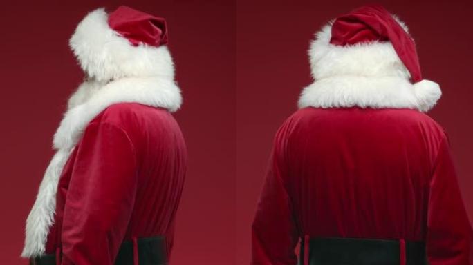 在红色背景上转动圣诞老人的垂直视频，微笑着在视频结尾挥舞着离子相机