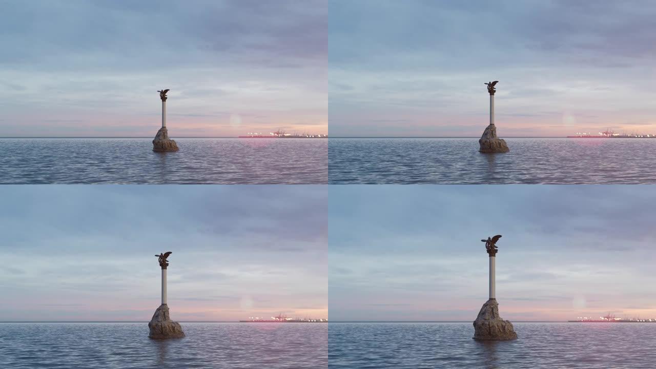 在灿烂的日出期间，无人机在纪念碑上放大了一只鹰，在海面上飞翔，创造了浪漫的氛围