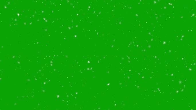 雪，高细节和长时间的雪花落在绿色背景上。色度键。冬季，风暴，暴风雪，电影，下雪，夜晚的概念。