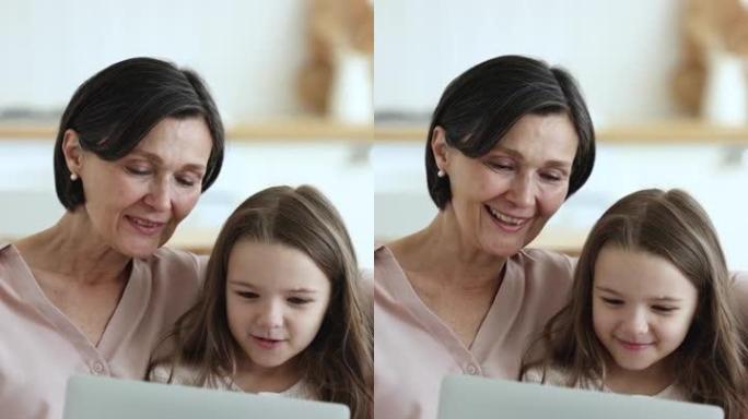 奶奶和孙女用笔记本电脑在家度过周末休闲