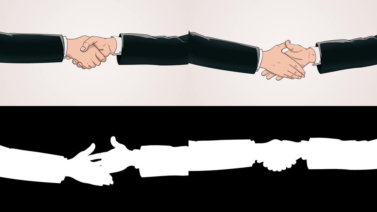 两个商人之间的合作在一个白色背景与光哑光。握手的概念、商业协议、政治、会议、国际友谊关系、外交官握手