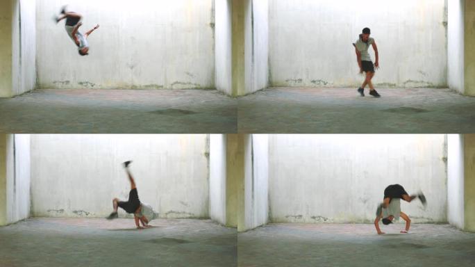 男子，舞蹈和嘻哈风格，在体操霹雳舞中使用墙壁，以在城市中健身和健康。舞者，舞蹈和训练，具有灵活而强壮
