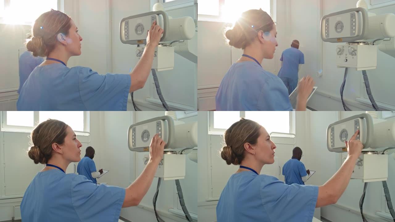 女性放射科医师设置x射线发生器