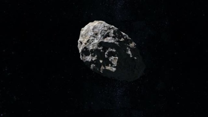 小行星在太空中飞行和旋转。相机在小行星的轨道上旋转。星空。4K.星星闪烁。3d渲染。