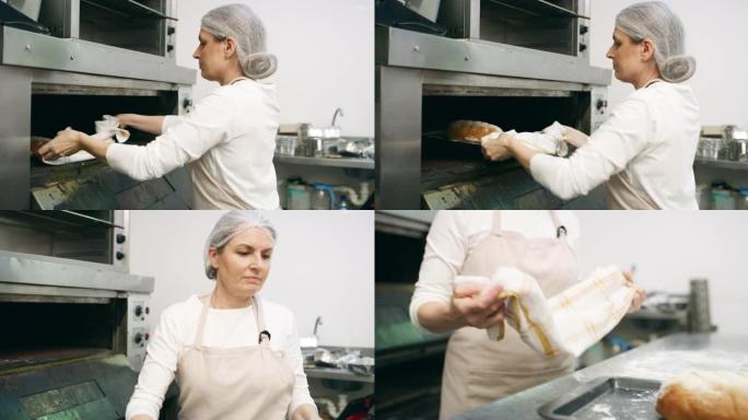 一个成熟的面包师在面包店从烤箱中取出面包的4k视频片段