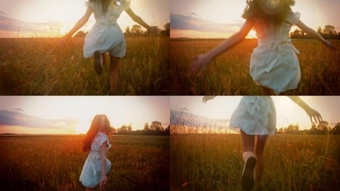 SLO MO美丽的年轻女子穿着白色连衣裙在日落时在草地上奔跑