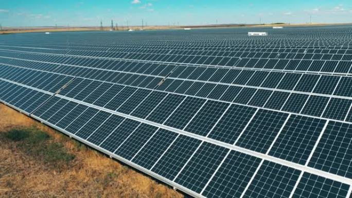 露天建造的太阳能发电站。太阳能发电，太阳能电池板，太阳能农场概念。