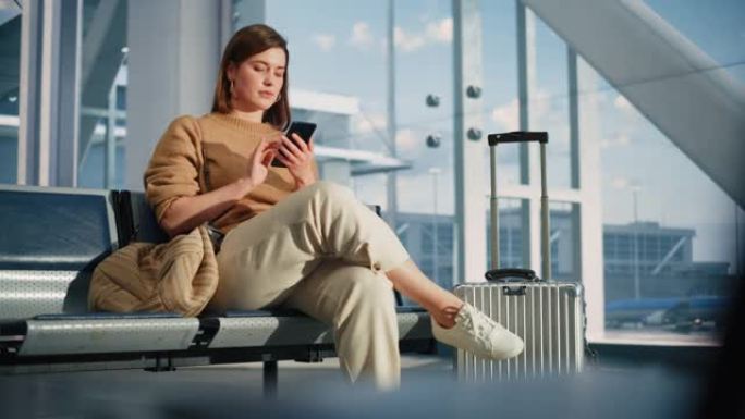 机场航站楼: 女人等待航班，使用智能手机，收到坏消息，开始哭泣。沮丧，悲伤和沮丧的人坐在航空枢纽的登