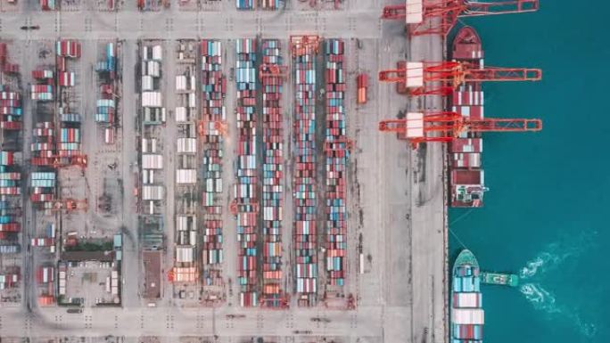 集装箱船繁忙工业港口的T/L盘鸟瞰图