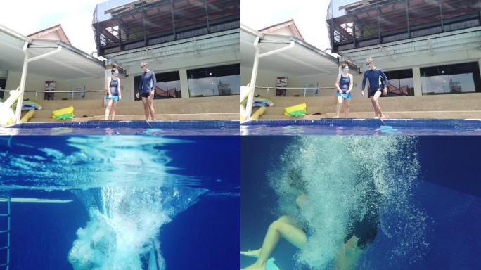 亚洲华裔老年夫妇跳进泳池快乐享受