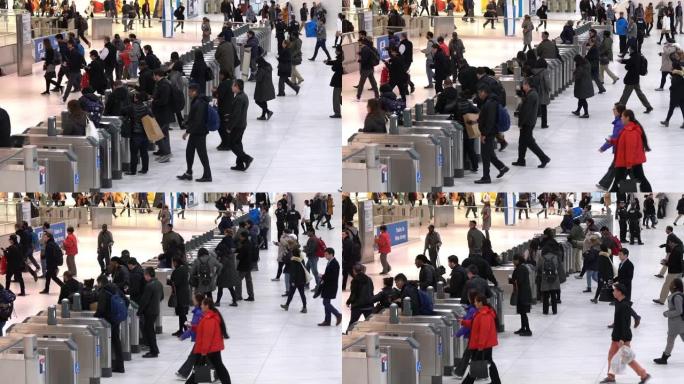 慢镜头:商人游客行人拥挤在纽约地铁车站