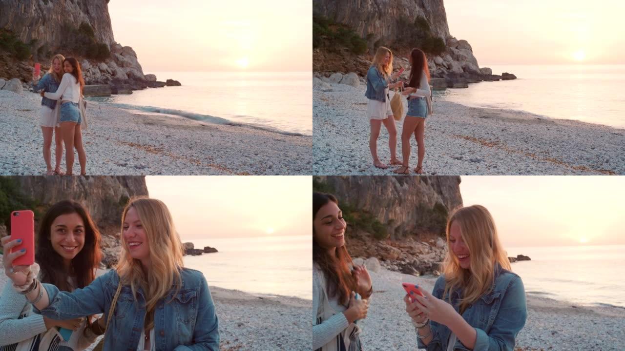 两名年轻女子在意大利度假期间站在一起用手机自拍的4k视频片段