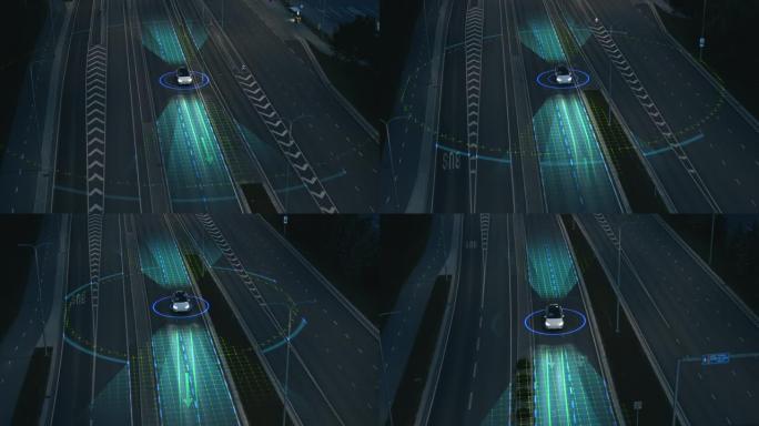 以下是空中无人机视图: 自动驾驶汽车在城市高速公路上行驶。动画可视化概念: 传感器扫描前方道路的车辆