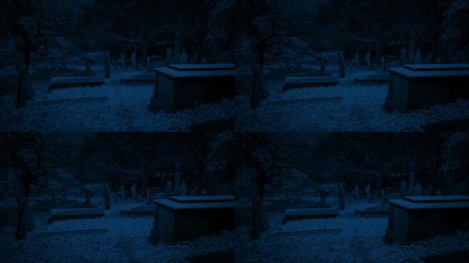 夜间墓地降雪郊外的坟地